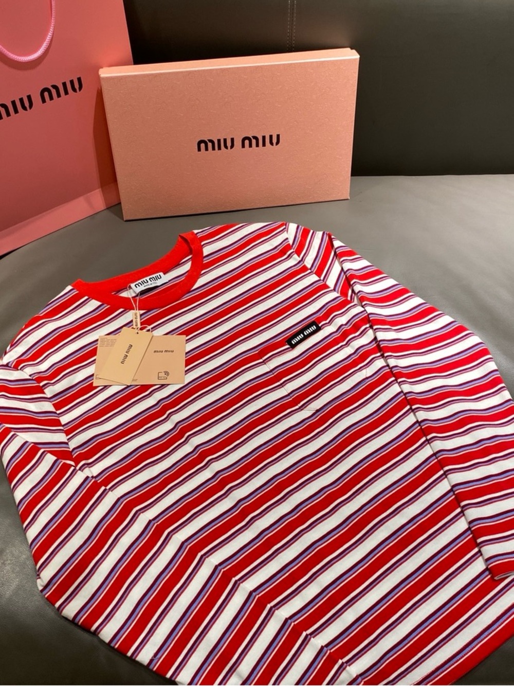 Miu Miu Red, White & Pink Striped Long-Sleeve Crewneck Tee